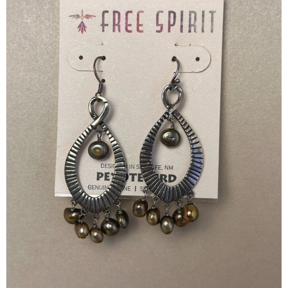 Signed Peyote Bird Bronze Pearl Teardrop Earrings 2.75in NWT